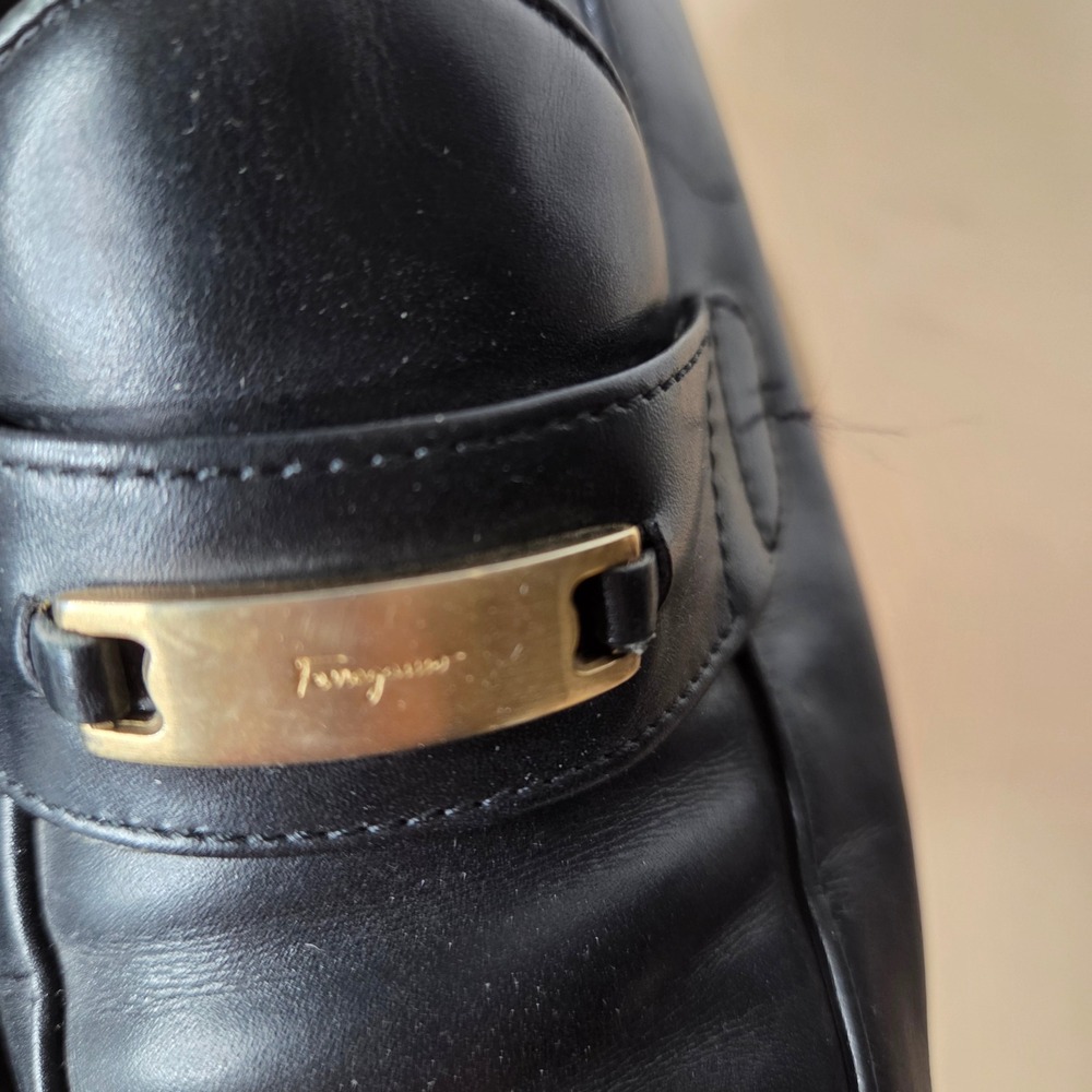 Salvatore Ferragamo Black Leather Block Heel Loafers Gold Logo Italy women 6.5B - Picture 3 of 15